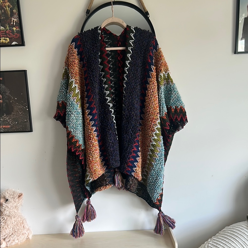 Boho Multicolor Knit Poncho with Tassels
